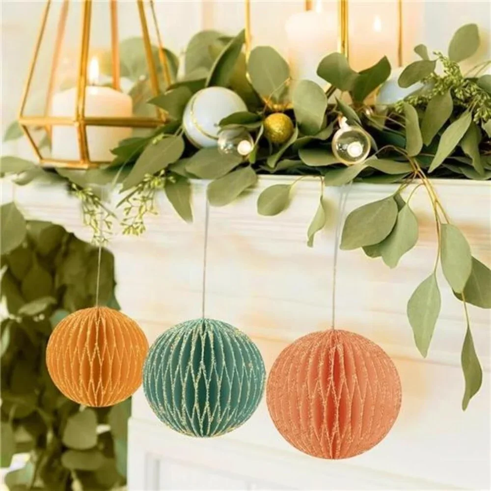 NEW West Elm 6 Piece Boho Glitter Paper Christmas Tree Ornaments Set Decor - 3